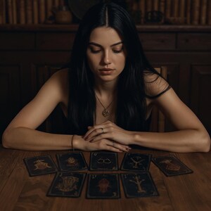 Puede incluir: Una persona con cabello largo y negro est&aacute; sentada en una mesa de madera, mirando una tirada de cartas del tarot. Las cartas presentan ilustraciones ornamentadas y detalles dorados. La escena est&aacute; tenuemente iluminada, creando una atm&oacute;sfera m&iacute;stica.