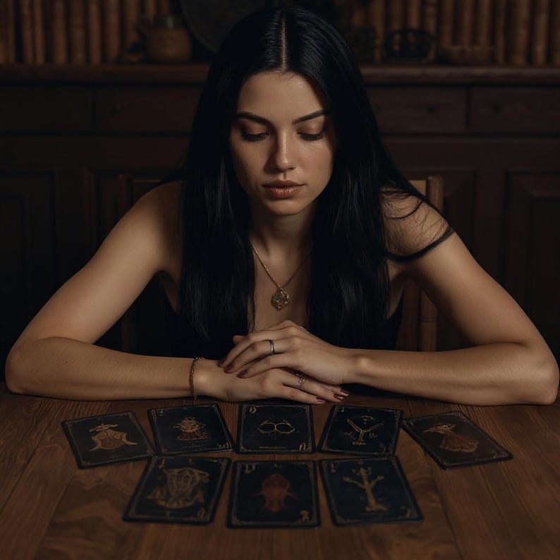 Puede incluir: Una persona con cabello largo y negro est&aacute; sentada en una mesa de madera, mirando una tirada de cartas del tarot. Las cartas presentan ilustraciones ornamentadas y detalles dorados. La escena est&aacute; tenuemente iluminada, creando una atm&oacute;sfera m&iacute;stica.