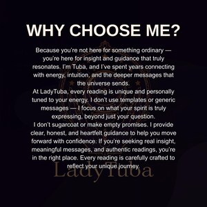 Puede incluir: Imagen con el texto "WHY CHOOSE ME?" y una descripci&oacute;n de un servicio. El texto detalla el enfoque del proveedor hacia las lecturas, destacando informaci&oacute;n y orientaci&oacute;n personalizadas. El nombre del proveedor es LadyTuba.