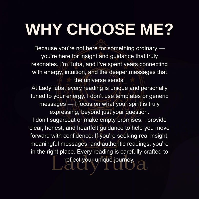 Puede incluir: Imagen con el texto "WHY CHOOSE ME?" y una descripci&oacute;n de un servicio. El texto detalla el enfoque del proveedor hacia las lecturas, destacando informaci&oacute;n y orientaci&oacute;n personalizadas. El nombre del proveedor es LadyTuba.