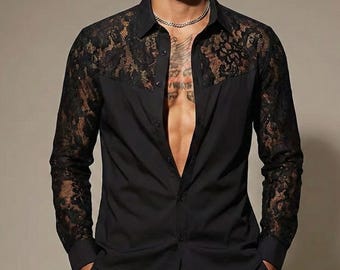 See Through Modern Fashion Mesh Shirt Men, Long Sleeve Buttoned Lapel Embroidery Lace Top