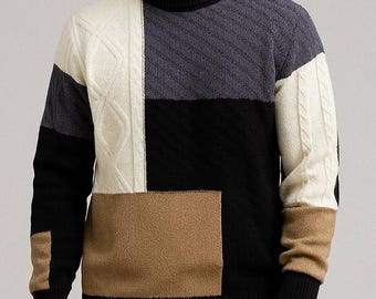 メンズ パッチワーク ニット セーター カラーブロック タートルネック プルオーバー 冬 暖かい スタイリッシュ カジュアル メンズ ジャンパー