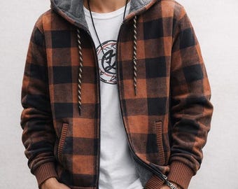 Checkered Hoodie for Men, Zip Up Hooded Plaid Jacket, Casual Checkered Outer Wear