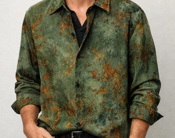 Men's Autumn Designer Green Abstract Floral Button Down Shirt, Vintage Style Casual Top