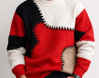 メンズ パッチワーク ニット セーター、カラーブロック プルオーバー、着心地良く暖かいスタイリッシュな冬用カジュアルジャンパー