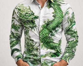 Wit herenshirt met lange mouwen, groene drakenprint, button-down polyester top