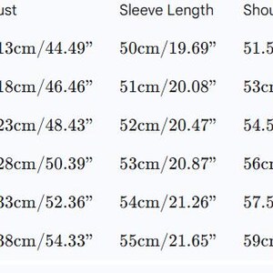 May include: A white chart with black text detailing clothing measurements. The chart includes Asian, US, UK, and EU sizes, along with bust, sleeve length, shoulder, and length measurements in both centimeters and inches.