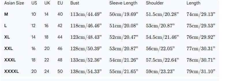 May include: A white chart with black text detailing clothing measurements. The chart includes Asian, US, UK, and EU sizes, along with bust, sleeve length, shoulder, and length measurements in both centimeters and inches.