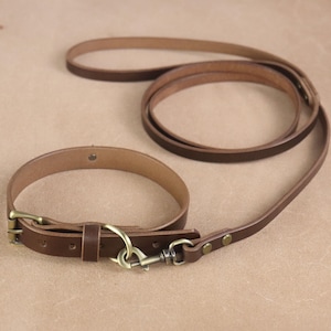 Può includere: Un collare per cani in pelle marrone e un set di guinzaglio abbinato. Il collare presenta una fibbia in ottone e un anello a D per l'attacco del guinzaglio. Il guinzaglio è una lunga e sottile cinghia di pelle marrone.