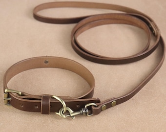 Small Dog Collar And Leash Brown Leather