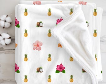 Hibiscus Pineapple Plush Blanket, Tropical Velveteen Throw, Hawaiian Blanket Decor
