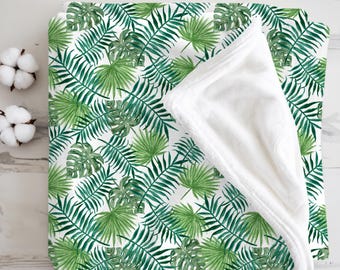 Tropical Leaves Plush Blanket, Cozy Velveteen Throw, Green Palm Leaf Blanket, Soft Home Decor, Gifts for Nature Lovers, Baby Blanket Gift