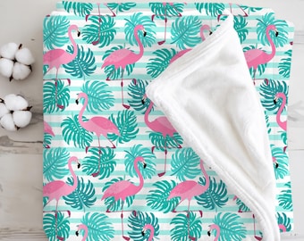 Pink Flamingo Plush Blanket, Tropical Velveteen Throw Blanket, Flamingo Bedding