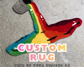 May include: A custom rug in a unique design, featuring a gray bucket pouring out a rainbow of colors. The rug has a whimsical shape and the words "CUSTOM RUG" are displayed in the center. The text "SEND US YOUR DESIGNS OR IMAGES" is also visible.