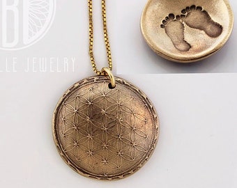 Sacred Geometry Necklace with Baby Foot Print on the Back • gift for mom • personalized mother's necklace