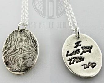 Fingerprint necklace • thumb print necklace charm with actual handwriting on the back • personalized gift