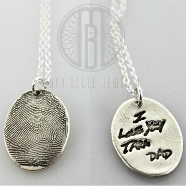 Fingerprint necklace • thumb print necklace charm with actual handwriting on the back • personalized gift