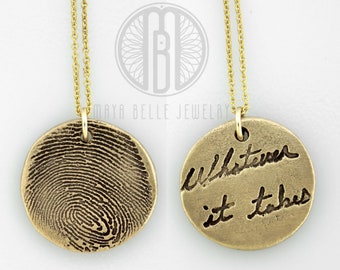 Gold fingerprint • thumb print and actual handwriting necklace finger print • memorial keepsake jewelry