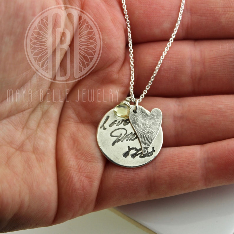 Fingerprint and Actual Handwriting necklace made from actual fingerprint and writingsignature and gem stone
