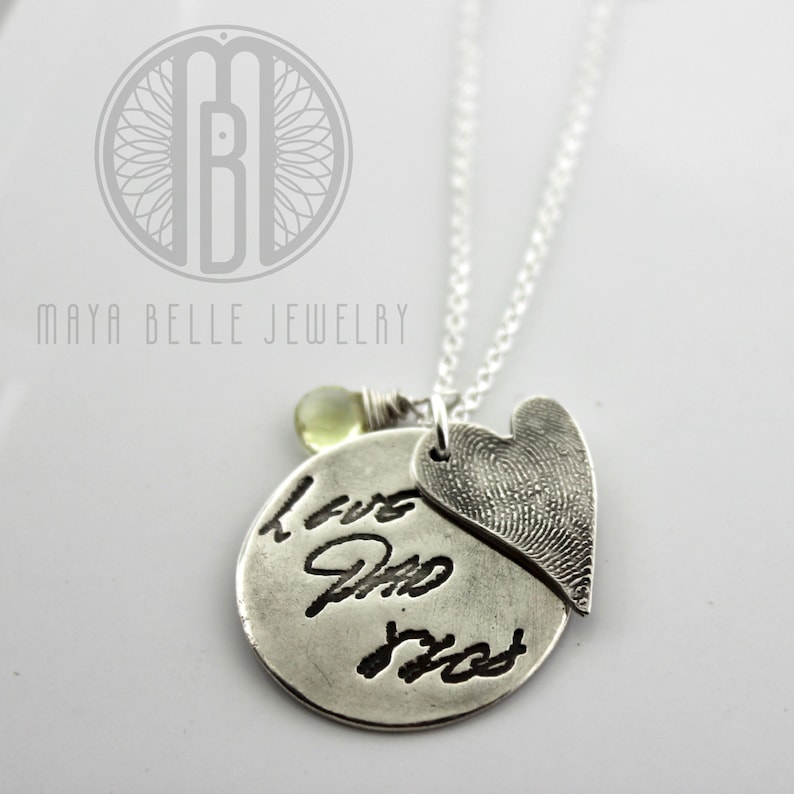 Fingerprint and Actual Handwriting necklace made from actual fingerprint and writingsignature and gem stone