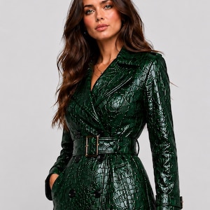 Women Emerald Green Leather Trench Coat | Handmade Vintage Crocodile Long Coat