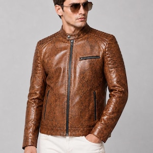 Veste homme en cuir véritable marron faite main | Vêtements d'extérieur style café racer, imprimé serpent