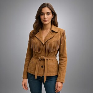 Puede incluir: Chaqueta de ante marrón claro con flecos en el pecho y las mangas. La chaqueta tiene cinturón en la cintura, cuello con solapas y cierre de un solo botón. La modelo lleva vaqueros azules.