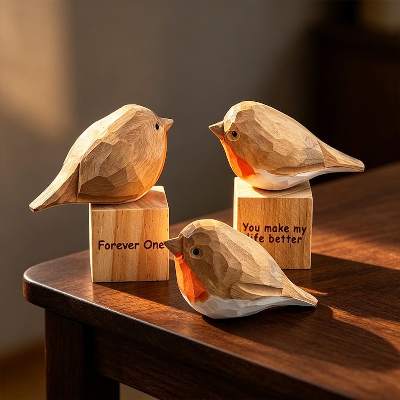 May include: Three carved wooden bird figurines with faceted surfaces, each featuring a reddish-orange chest and white belly. Two birds are perched on square wooden blocks, one inscribed with "Forever One" and the other with "You make my life better."