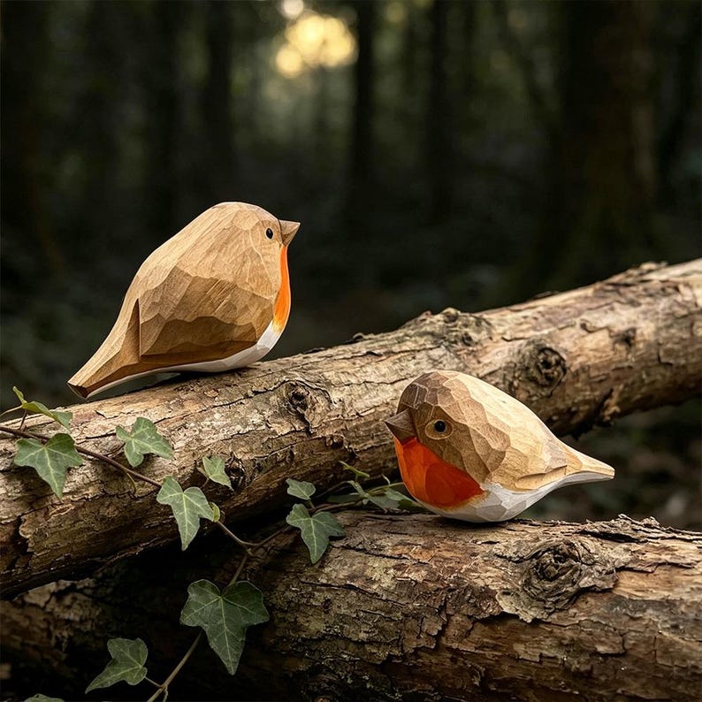 May include: Two hand-carved wooden bird figurines featuring faceted surfaces, light brown bodies, orange-red chests, and white underbellies. Each bird has a small dark eye and a pointed beak, showcasing a textured, geometric wood-carved finish.