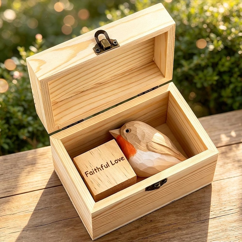 May include: A light-colored wooden box with a metal latch containing a carved wooden bird figurine with an orange breast and a small wooden block engraved with the text Faithful Love. The box has a hinged lid and visible wood grain throughout.