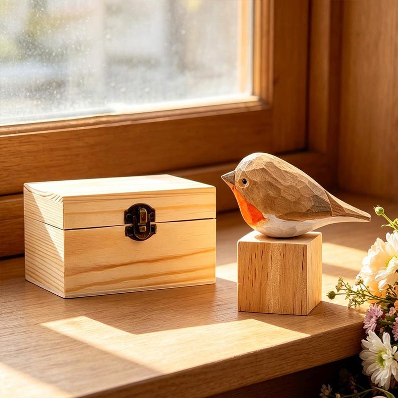 May include: A hand-carved wooden robin figurine with a textured surface, featuring a brown back, white belly, and orange chest, perched on a small wooden block next to a rectangular light-colored wooden box with a metal latch closure.