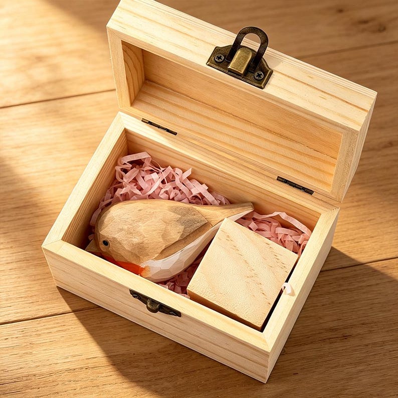 May include: A rectangular light-colored wooden box with a metal latch containing a carved wooden bird figurine with a red breast and a small square wooden block, all nestled on a bed of light pink shredded paper filler material.