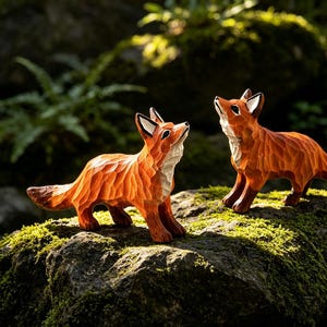 May include: Two hand-carved wooden fox figurines with a textured, faceted surface. The foxes are painted in shades of orange, white, and black, featuring pointed ears, alert expressions, and detailed fur patterns carved into the wood grain.
