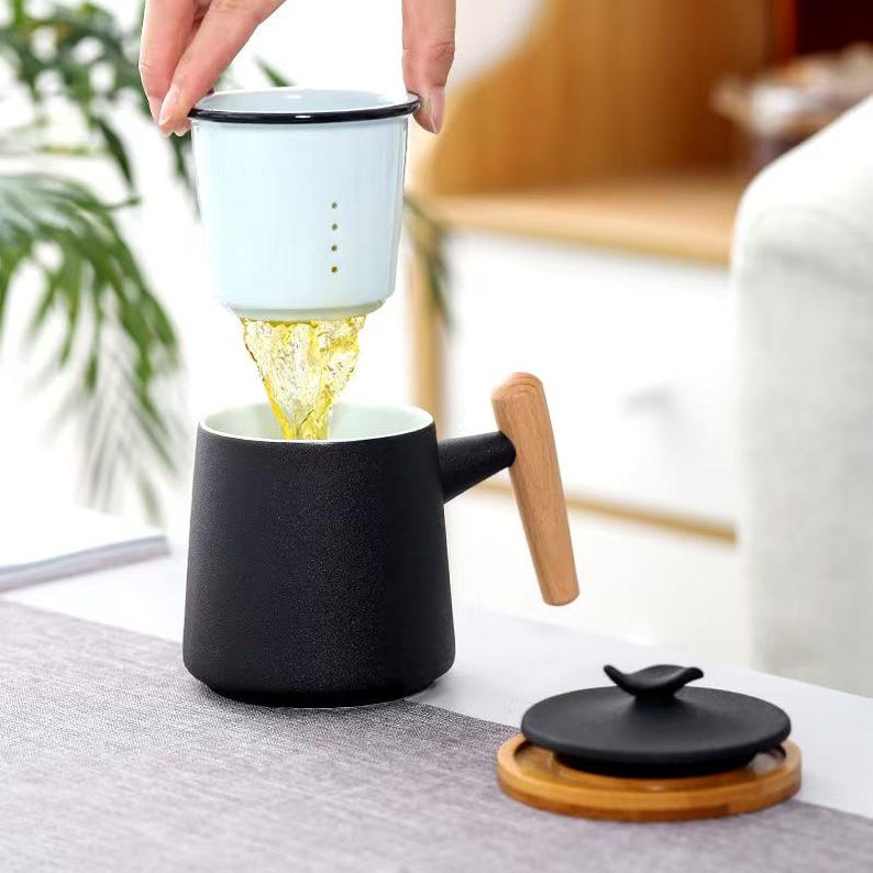 Chinese Red Ceramic Tea Cup, Horse Design, Tea Separator, Gift for Elders Black Cup