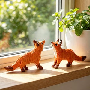 Könnte beinhalten: Zwei handgeschnitzte Holzfiguren in Fuchsform mit einer texturierten, facettierten Oberfläche. Die Füchse sind in Orange-, Weiß- und Dunkelbrauntönen bemalt und zeigen spitze Ohren, aufmerksame Gesichtsausdrücke und buschige Schwänze.