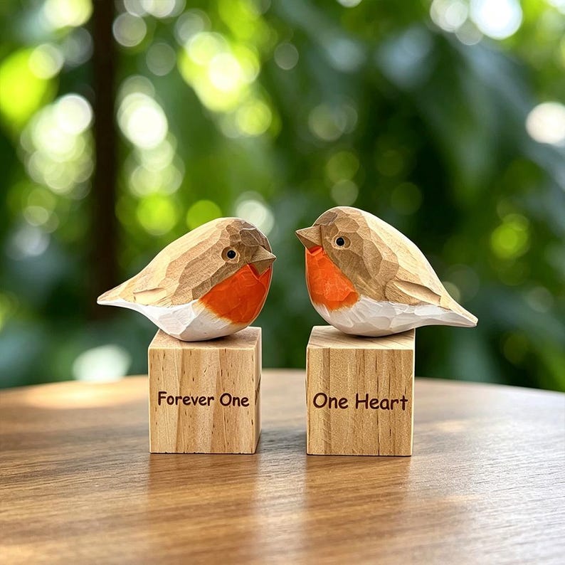 May include: Two hand-carved wooden bird figurines with orange chests and white bellies, each perched on a square wooden block. The left block is engraved with the text Forever One, and the right block is engraved with the text One Heart.