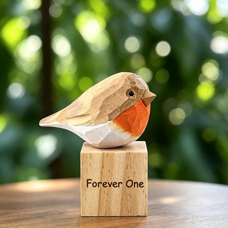 May include: A hand-carved wooden bird figurine with a light brown back, a white belly, and a bright orange chest. The bird is perched on a square wooden block base that features the engraved text "Forever One" on its front face.
