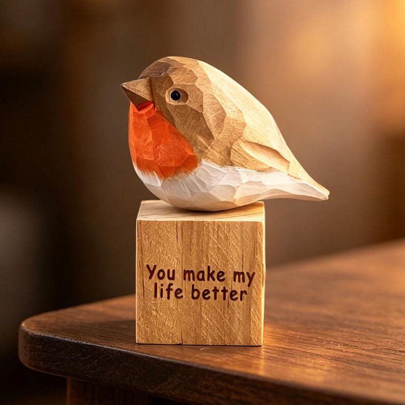 May include: A carved wooden bird figurine with a light brown back, a bright orange chest, and a white belly. The bird is perched on a square wooden block featuring the engraved text "You make my life better" in a dark brown, sans-serif font.