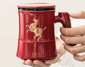 Chinese Red Horse Year Ceramic Tea Cup, Tea Water Separator, Han Dynasty Design Gift for Elders Clients, Office Home, Forbidden City Red