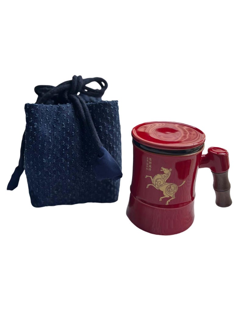 Chinese Red Ceramic Tea Cup, Horse Design, Tea Separator, Gift for Elders image 14