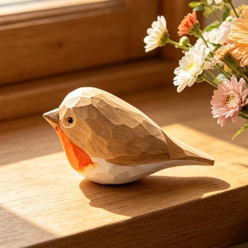 May include: A hand-carved wooden bird figurine featuring a faceted texture, a natural light brown body, a bright orange chest, and a white underbelly. The bird has a small dark eye and a pointed beak, showcasing visible chisel marks throughout.