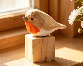 Hand Carved Wooden Robin Bird Figurine, Cottagecore Window Sill Decor, Sympathy Bereavement Keepsake Gift for Bird & Nature Lovers