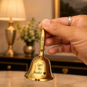 May include: A polished gold-colored brass hand bell with a slender handle and a flared base. The bell features the engraved text "Love me Another" followed by a small black heart symbol on its front surface, reflecting light on its metallic finish.