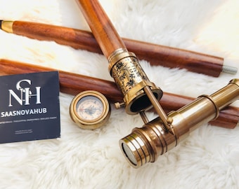 Personalized Brass Telescope Walking Stick with Wooden Cane Handle & Compass, Dollond London Style Spyglass Cane, Best Gift Idea
