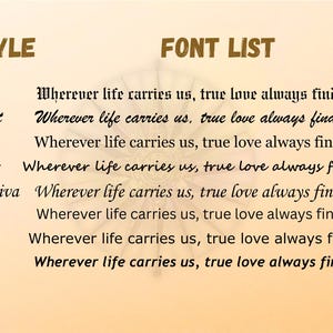 K&ouml;nnte beinhalten: Eine Schriftarten-&Uuml;bersicht mit dem Satz Wherever life carries us, true love always finds its way back in acht verschiedenen Schriftstilen: Old English, Brush Script, Georgia, Segoe Script, Monotype Corsiva, Canva Sans, Verdana und Trebuchet MS.