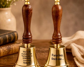 Custom Brass Call Bell with Engraved Wood Handle | Teacher Call Bell | Cancer Survivor Celebration Bell | Dinner Bell | New Year Gift Idea