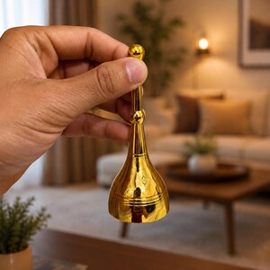 K&ouml;nnte beinhalten: Eine polierte, goldfarbene Metallglocke mit einem schlanken, l&auml;nglichen Griff, der von einer kleinen Kugel gekr&ouml;nt wird. Die Glocke hat einen ausgestellten, konischen K&ouml;rper mit einer glatten, reflektierenden Oberfl&auml;che.
