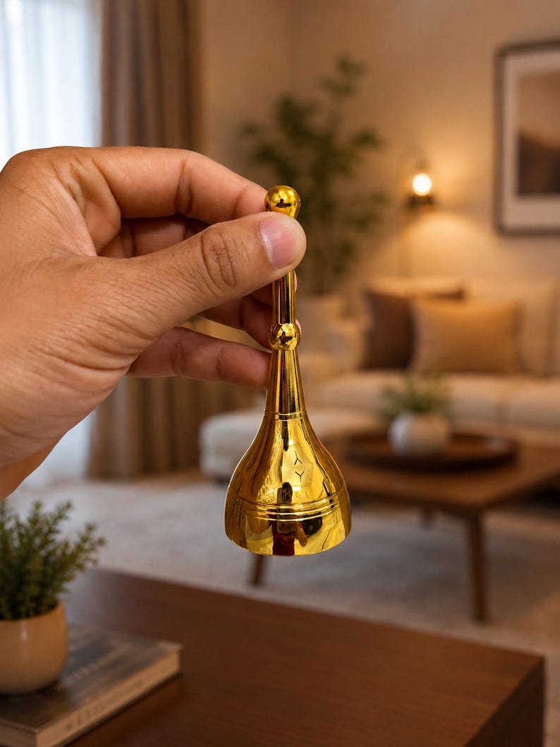K&ouml;nnte beinhalten: Eine polierte, goldfarbene Metallglocke mit einem schlanken, l&auml;nglichen Griff, der von einer kleinen Kugel gekr&ouml;nt wird. Die Glocke hat einen ausgestellten, konischen K&ouml;rper mit einer glatten, reflektierenden Oberfl&auml;che.