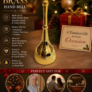 K&ouml;nnte beinhalten: Eine polierte goldfarbene Messing-Handglocke mit einem langen, schlanken Griff und einer breiten, abgerundeten Basis. Der Text auf dem Bild enth&auml;lt Premium Brass Hand Bell, A Timeless Gift for Every Occasion, Christmas, Cancer Survivors, Couples und Reception.