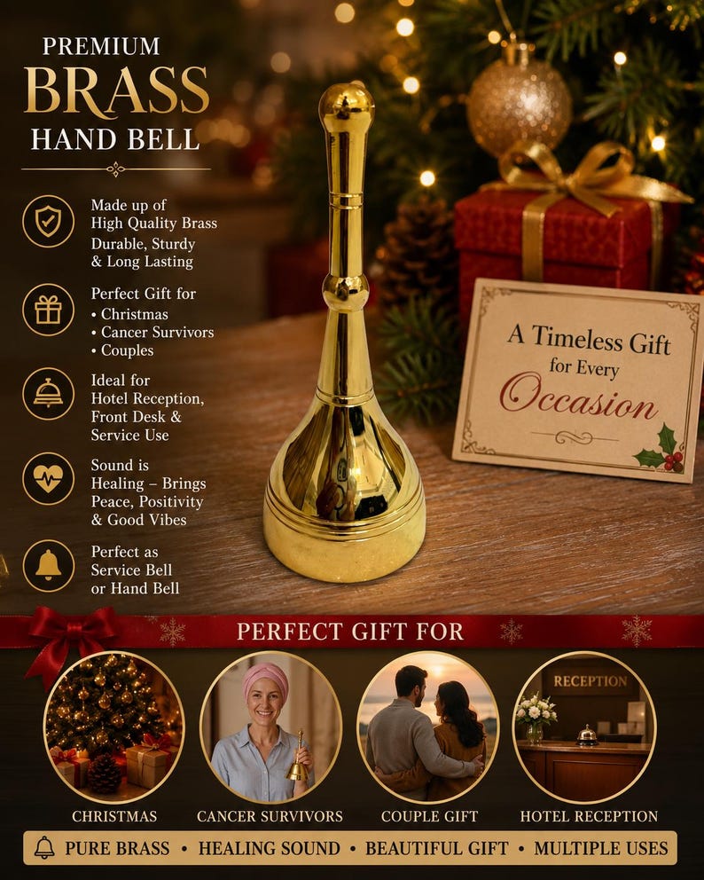 K&ouml;nnte beinhalten: Eine polierte goldfarbene Messing-Handglocke mit einem langen, schlanken Griff und einer breiten, abgerundeten Basis. Der Text auf dem Bild enth&auml;lt Premium Brass Hand Bell, A Timeless Gift for Every Occasion, Christmas, Cancer Survivors, Couples und Reception.